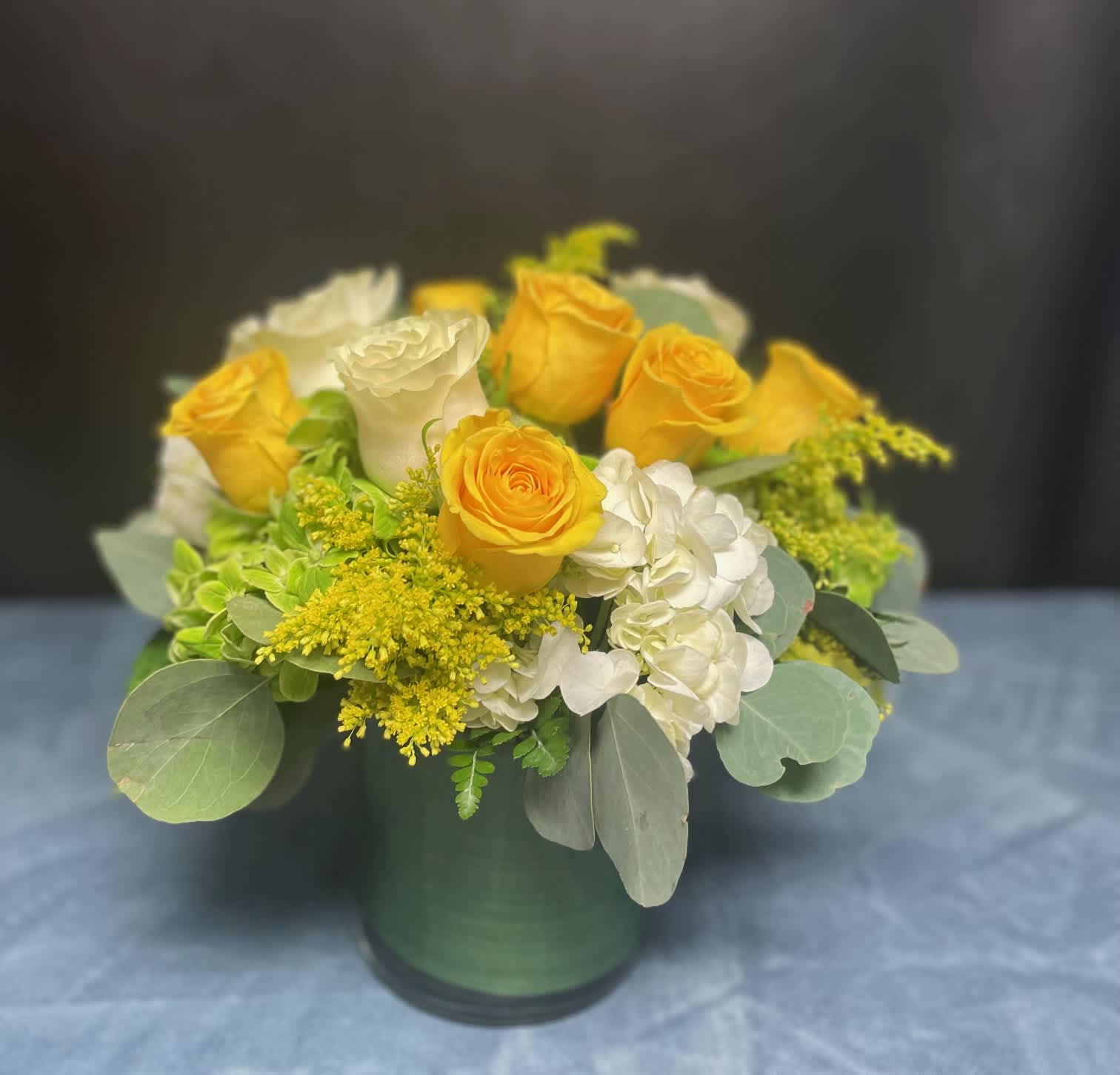 Phoenix - White and Yellow Roses, Green and White Hydrangeas, Solidago and Greenery 