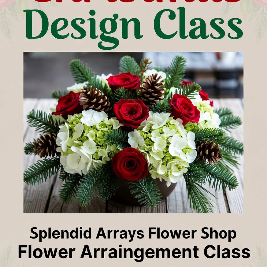 Red roses and white hydrangeas arranged with pinecones in a low bowl.