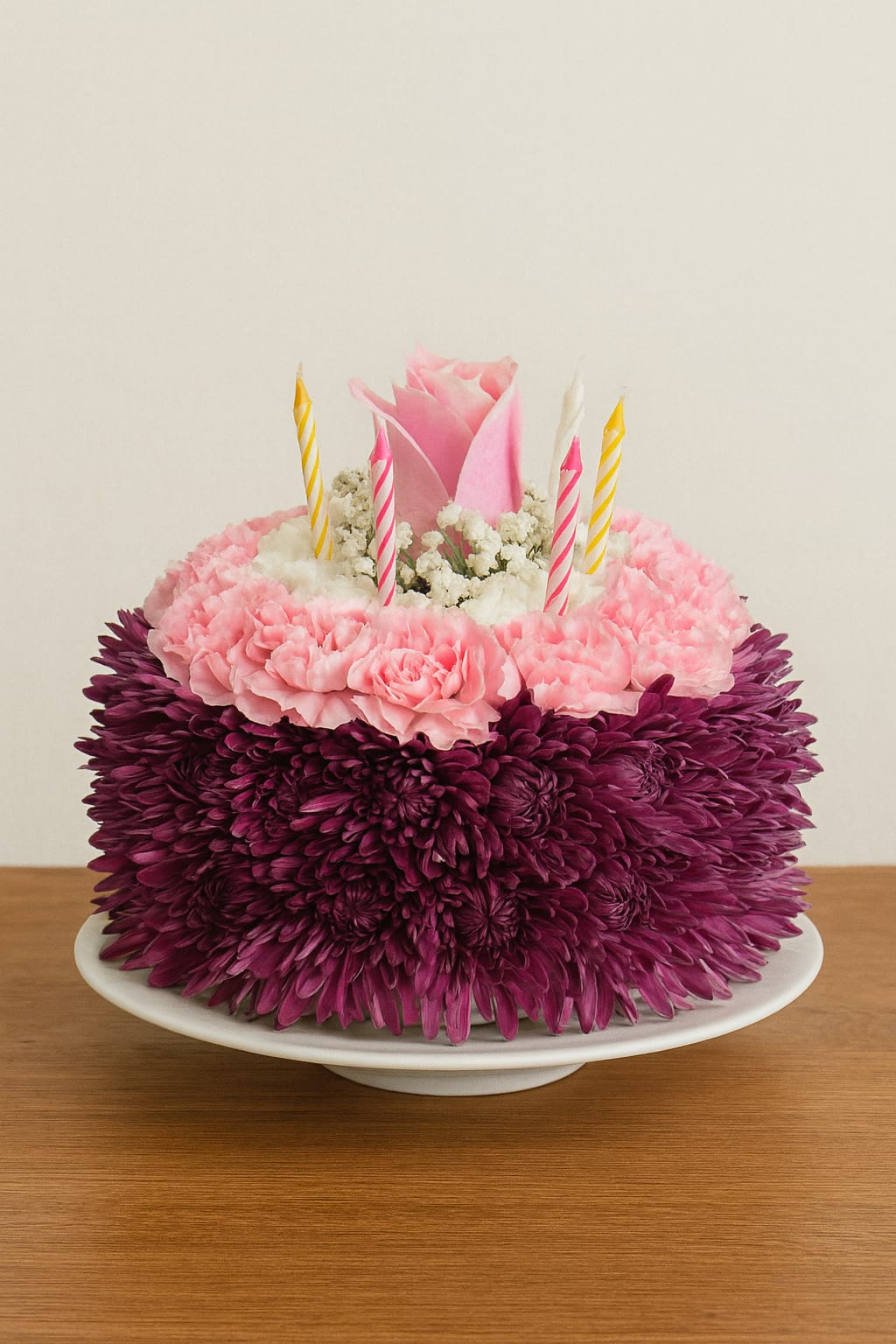 Fresh Flower Bento Cake Bouquet - The Fresh Flower Bento Cake Arrangement features a unique cake-shaped design crafted with vibrant, fresh blooms, making it a standout centerpiece for birthdays or special occasions. It's elegant presentation is sure to bring joy and brighten any celebration.
