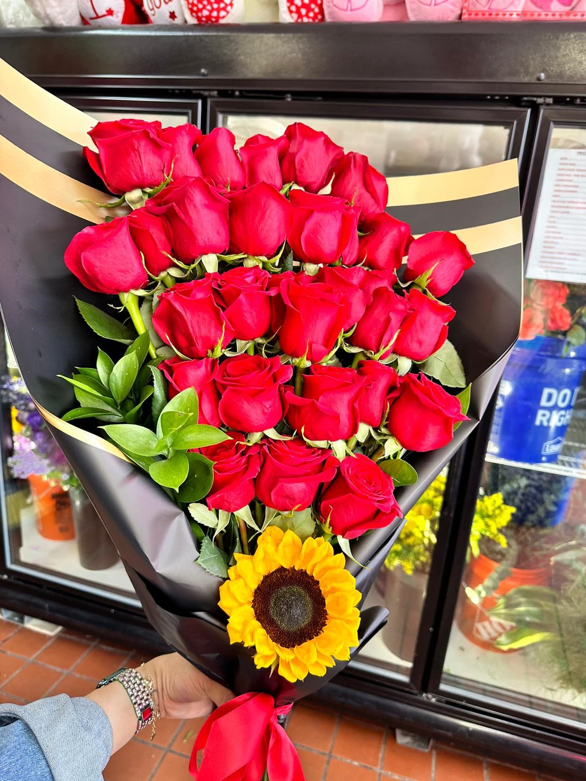ONE OF A KIND SEXY VERTICAL 27 RED ROSE BOUQUET  - (SUNFLOWER MIGHT BE REPLACE IF NOT AVAILABLE)