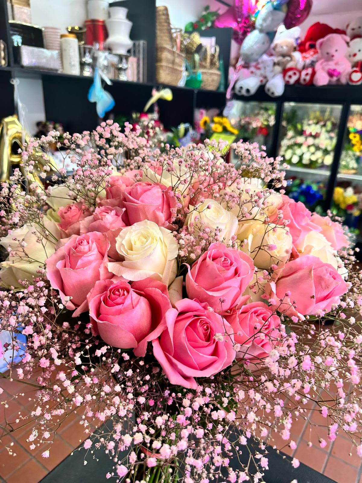 Pretty In Pink Bouquet  - (10 Pink Roses, 5 White Roses Pink Tinted Baby Breath)