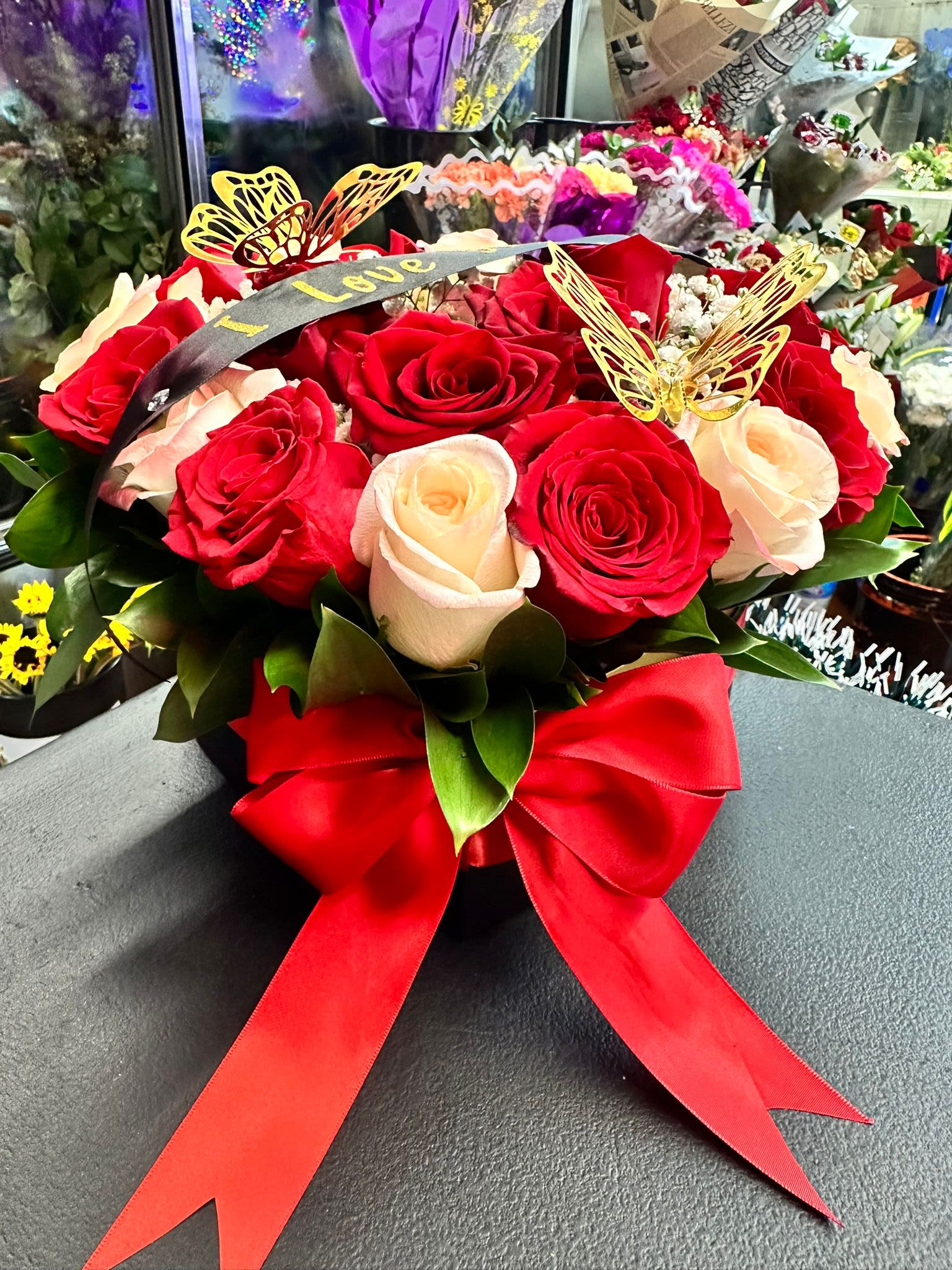 I Love You Red &amp; Gold basket - Red &amp; Gold Basket with it's ribbon made up of gold letters as well( Message of your choice or I Love You )