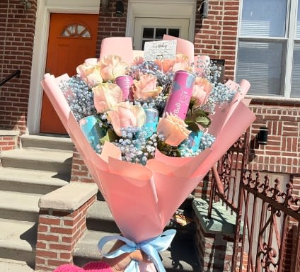 Jumbo Red Bull Bouquet Special - 18 Rose Bouquet w/Red Bull Limited Edition (Pink &amp; Blue may vary upon availability)!