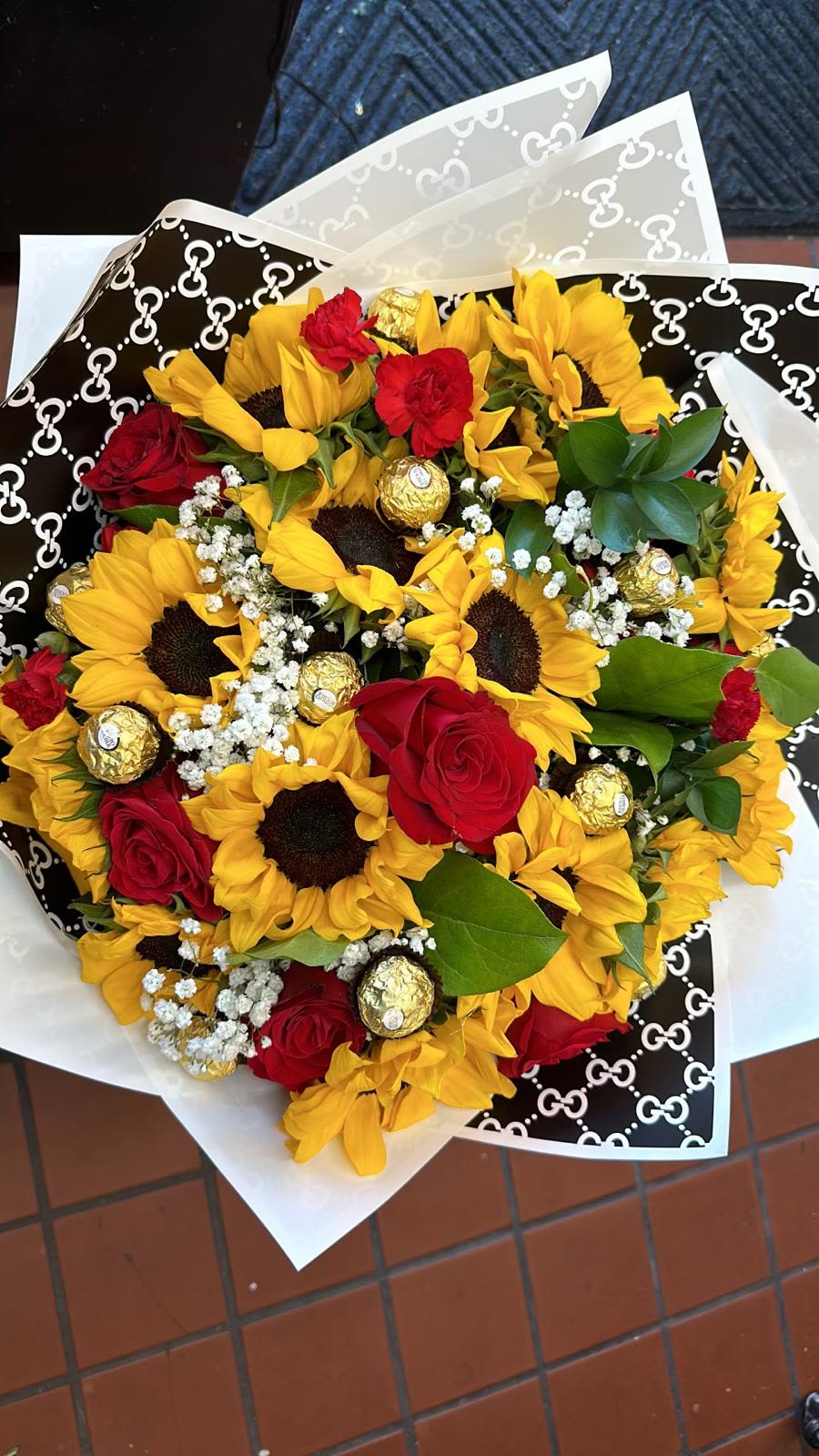 Jumbo Sunflower Mix X Half Dozen Roses W/Chocolates  - .