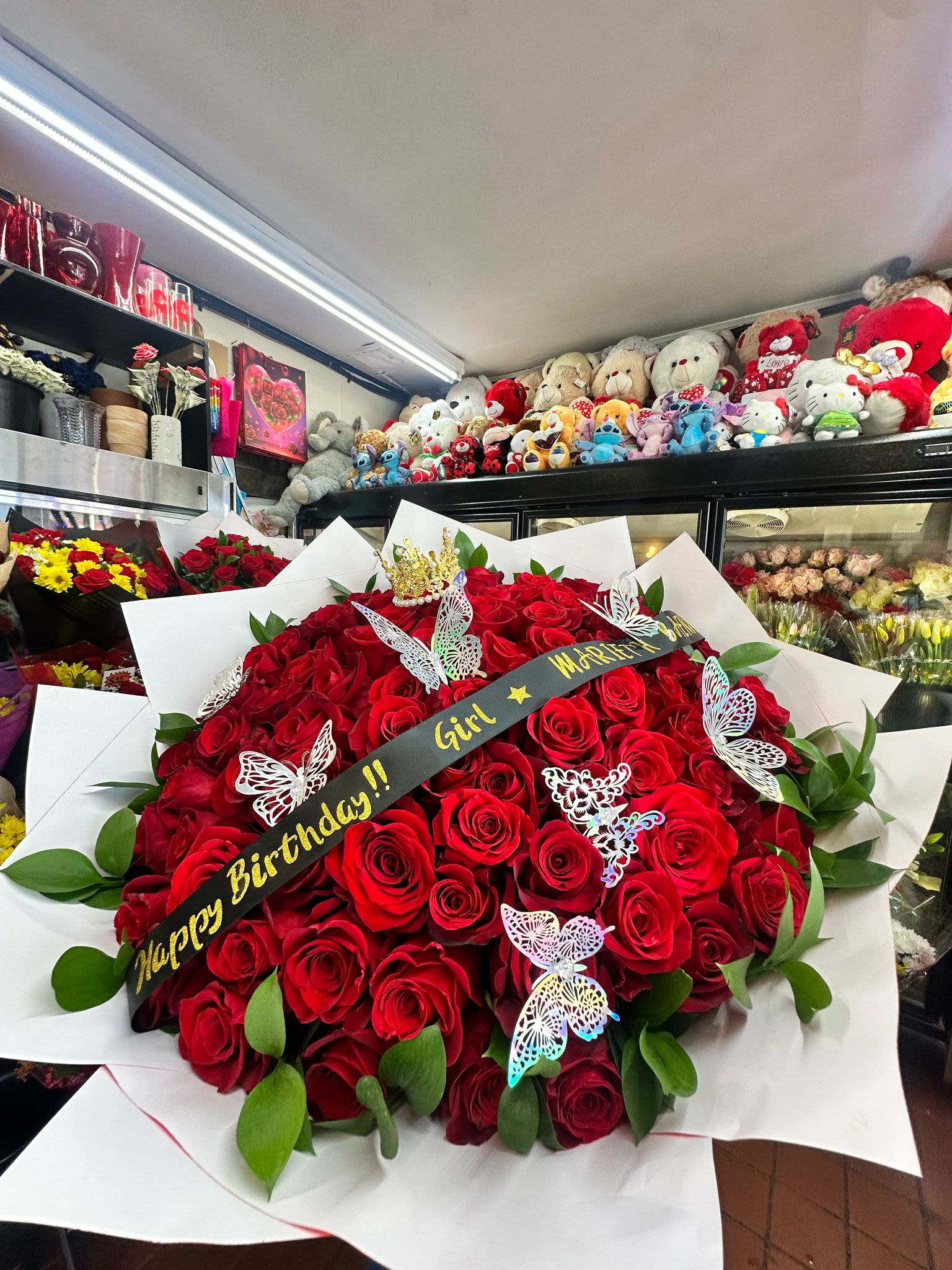 Special Grand 50+ Roses Congrats/Birthday Bouquet w/Crown &amp; Butterflies(Write phrase or message in description) - .