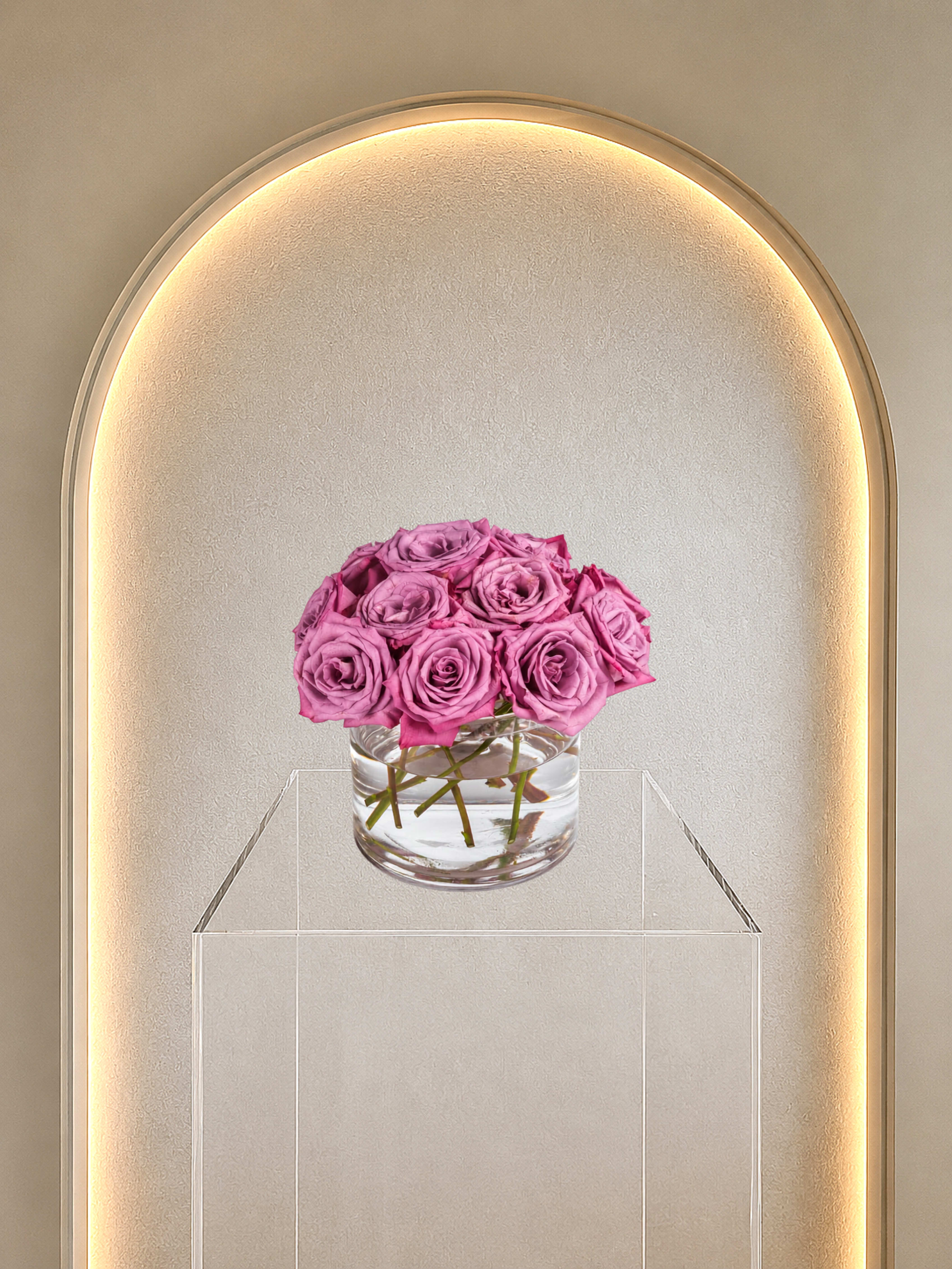 Soft Rose Dome - Pink roses arranged in a low clear glass vase in a compact, romantic dome perfect for anniversaries, birthdays or a thoughtful everyday gift.