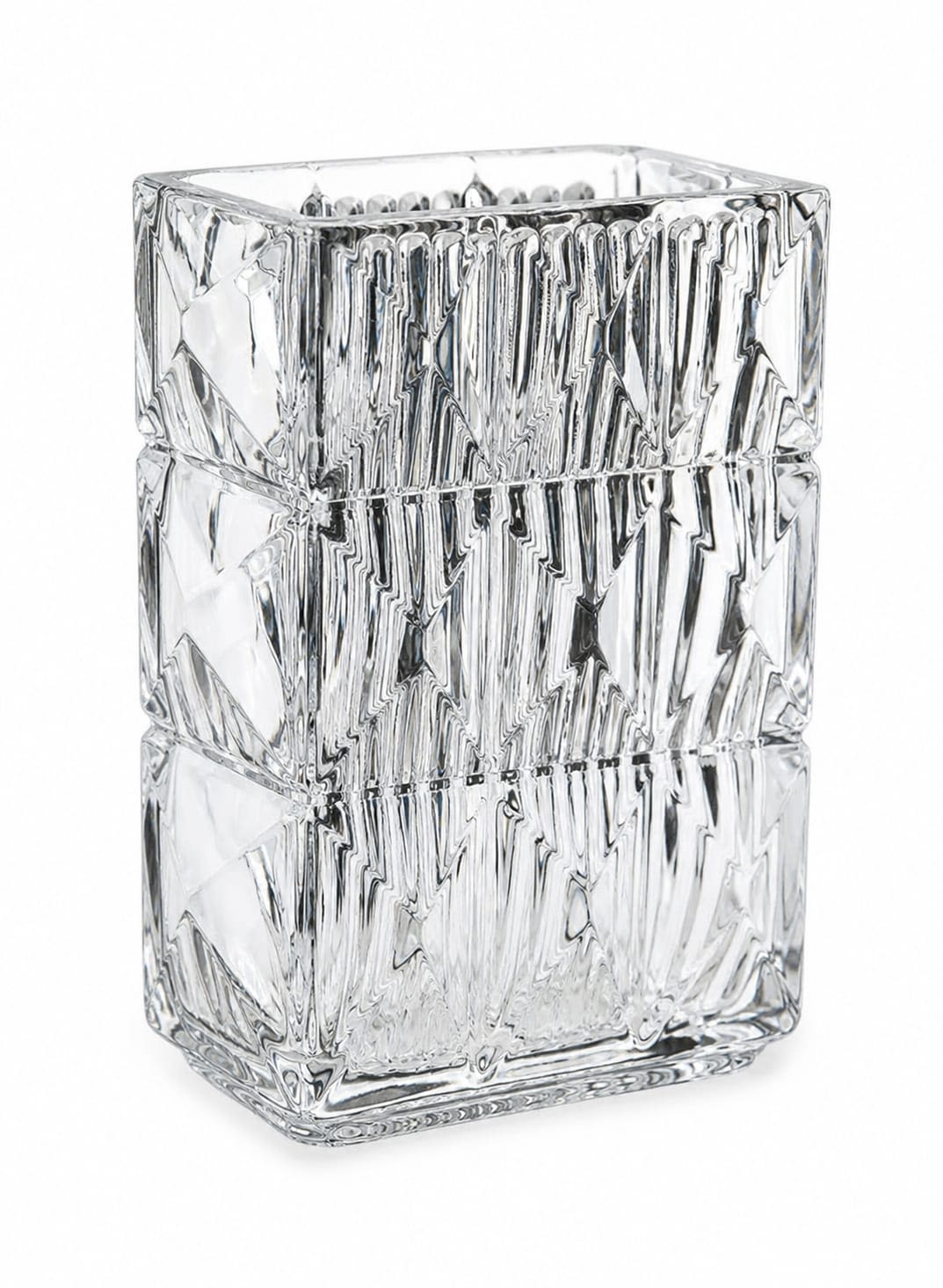 Rectangle Glass Vase - Clear faceted glass vase with geometric texture and heavy base giving a beautiful and modern feel to any arrangements. 
