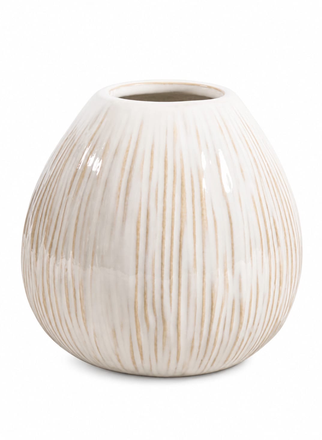 White ceramic vase with thin gold vertical stripes