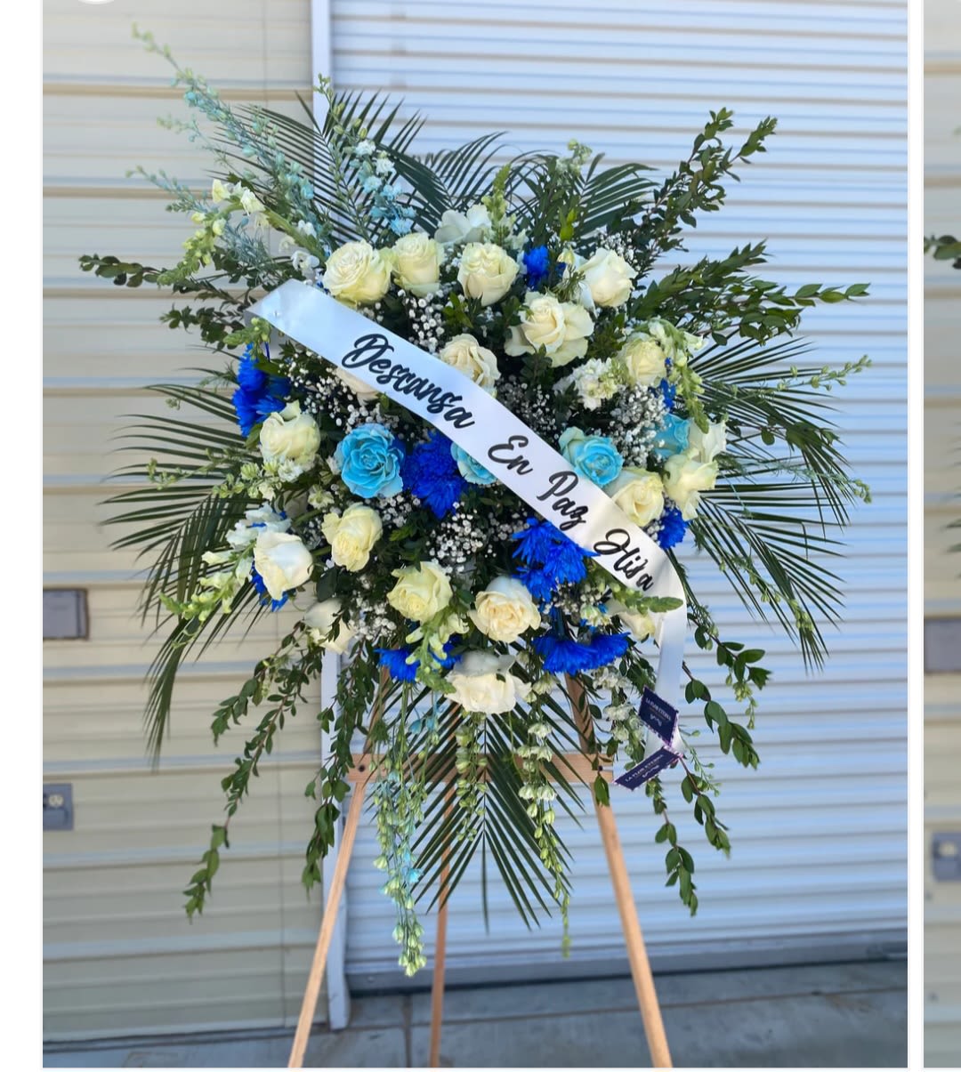 Mi Angel - Funeral arrangement in blue and white. Perfect for a ceremony to celebrate the life of your loved one. blue color flowers are painted .