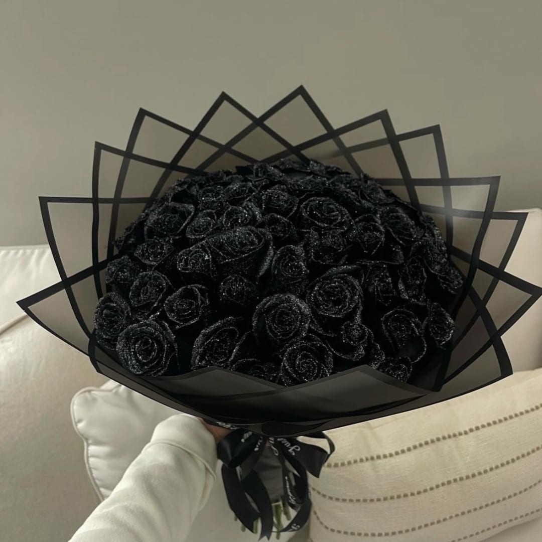 Black rose bouquet wrapped in geometric black paper