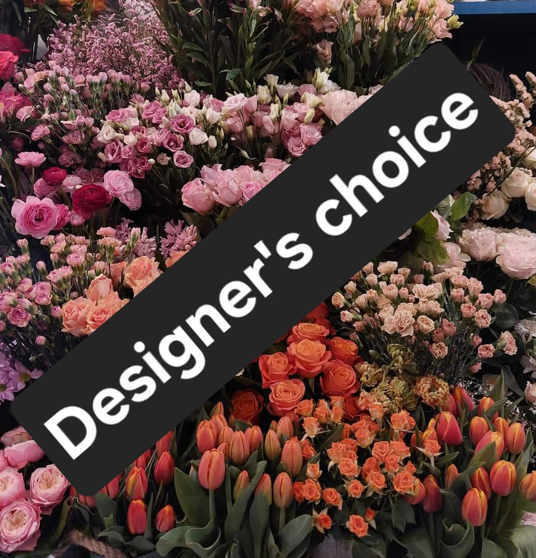 Assorted pink and peach flower bouquets with a diagonal "Designer's choice" banner