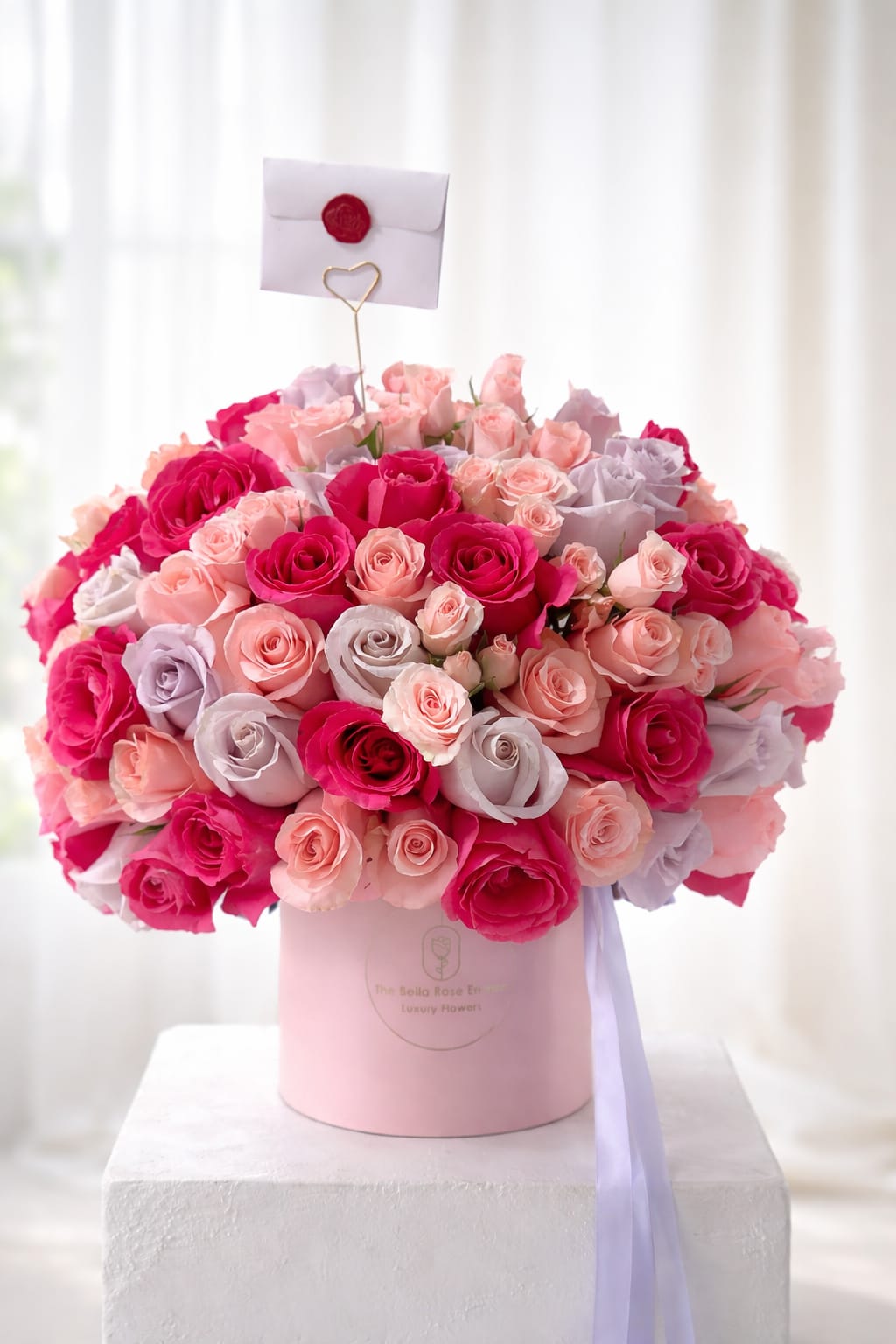 Rose Glam  - A round, satin-finish box featuring export-quality roses—deliberately selected in shades of fuchsia, pink, and lavender—complemented by spray roses.