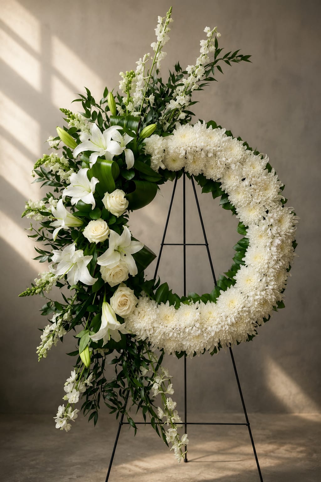 Eternal Grace Tribute - Eternal Grace Tribute is a refined and sophisticated sympathy arrangement that combines a classic circular wreath with a flowing vertical spray. Designed in soft white tones, it symbolizes peace, remembrance, and eternal love. The wreath is delicately composed of premium white chrysanthemums, representing honor and loyalty, while the cascading spray features elegant white lilies, roses, orchids, and seasonal accent blooms. Lush greenery adds depth and natural movement, creating a balanced and artistic composition. The arrangement is displayed on a handcrafted wooden easel, adding height, presence, and a polished presentation suitable for funeral services, memorials, or graveside ceremonies. This design offers a timeless and dignified tribute, expressing heartfelt sympathy with grace and elegance.