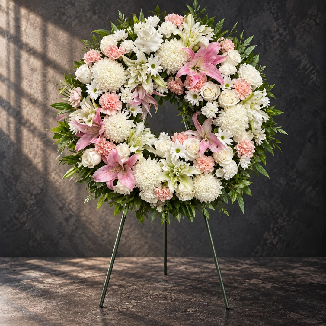 Round floral wreath on a stand with white, pink, and cream flowers