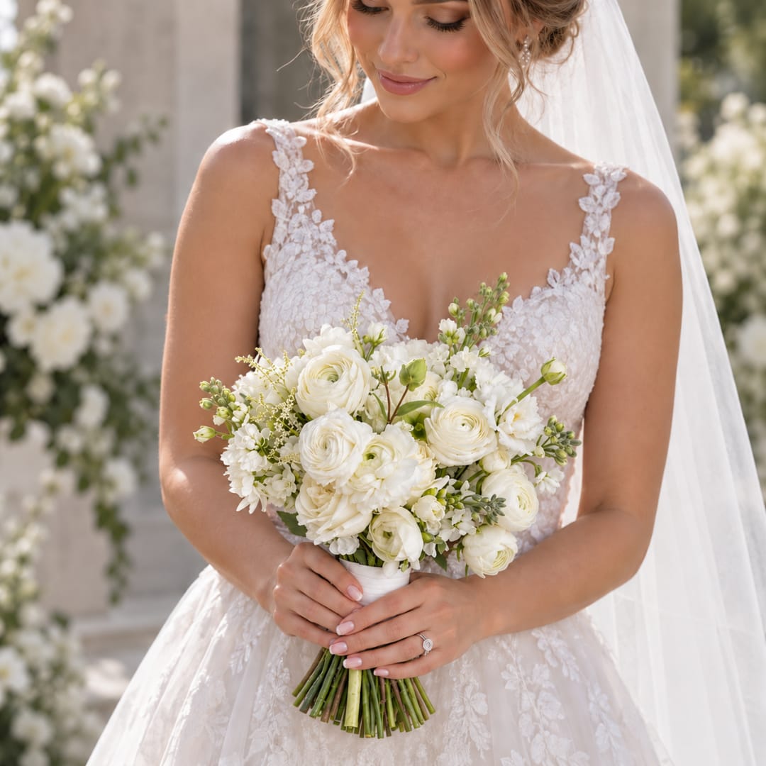 Bride holding a white wedding bouquet of roses and ranunculus