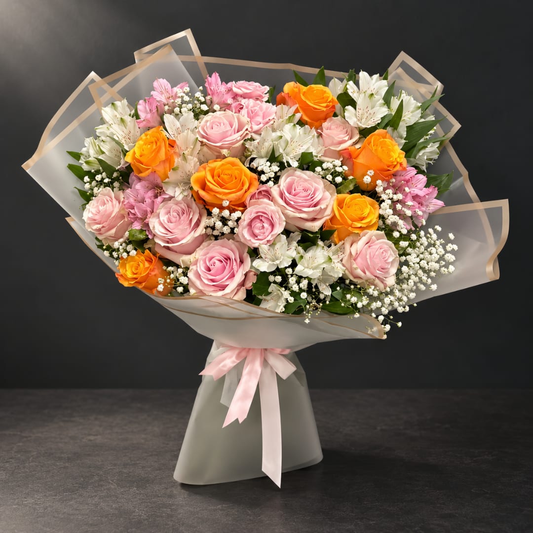 Bouquet of pink and orange roses with white flowers wrapped in translucent paper