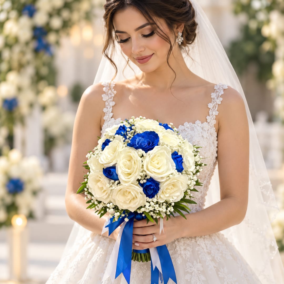 Bride holding a bouquet of white and blue roses