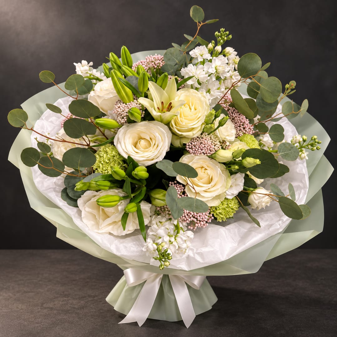 Bouquet of white roses and lilies with green foliage and pale pink accents