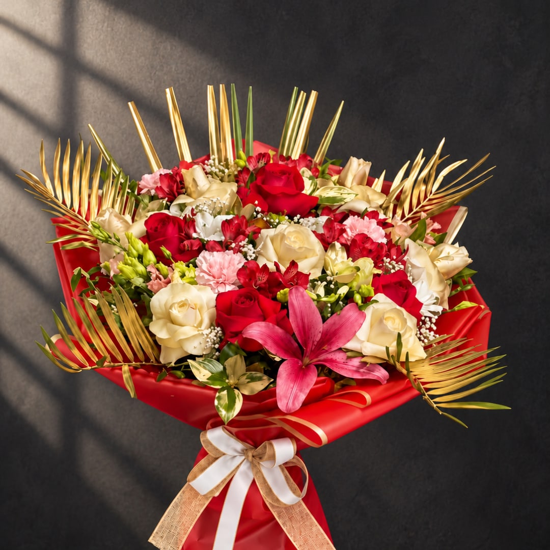 Bouquet of red and cream roses with a pink lily and gold palm fronds