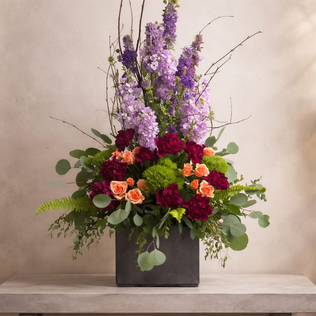 colorful arrangement in a container  - Tall lavender and purple stock spikes give this colorful arrangement in a container an immediate vertical drama-perfect as a celebration bouquet, birthday gift, or a bold everyday surprise. The mix of stock, deep magenta carnations, and peach spray roses creates rich, layered color while bright green pom‑pom blooms pop against the cooler purples and pinks, so the person you're thinking of will feel truly seen and celebrated.  Arranged in a sleek container, the design pairs dense, garden-style texture at the base with airy eucalyptus and branching twigs for movement and height. Expect a lush presentation roughly proportioned to the container: tall stock spikes rising above a compact mass of carnations and spray roses, complemented by green button blooms for contrast. This is a striking, long-lasting option for home, office, or funeral, or mantle display-simple care: keep fresh water, trim stems if needed, and enjoy the vivid seasonal colors.