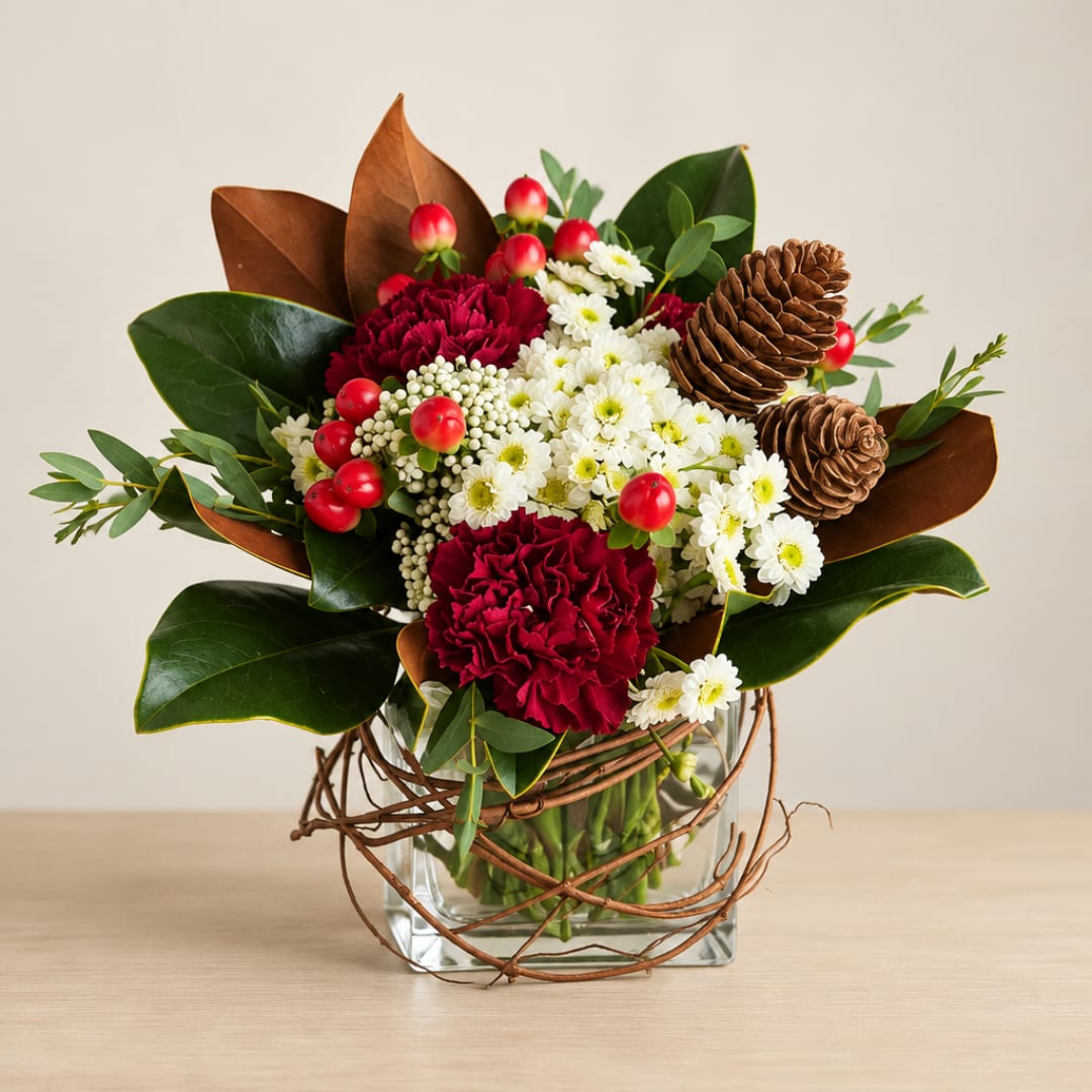 Red carnations and white daisies in a glass vase with pinecones