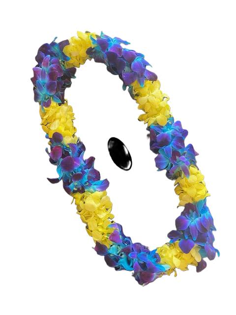 Colorful flower lei with purple, blue, and yellow blossoms
