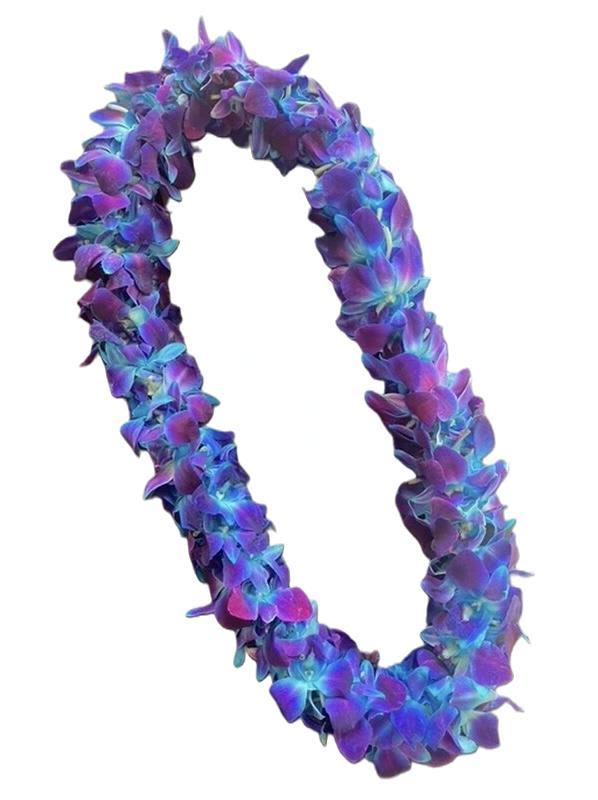 Purple and blue flower lei on a white background