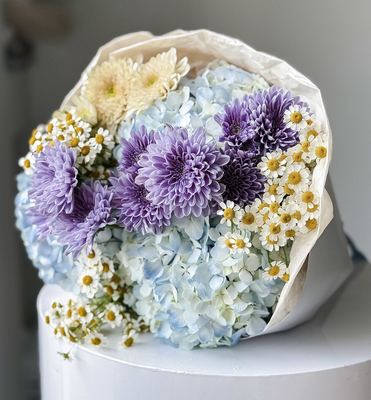 Pretty in blue - This stunning creation is designed to capture hearts. This round arrangement showcases the soft, cloud-like beauty of blue hydrangeas, the delicate allure of spray mums, and the textured sweetness of daisies—all in harmonious shades of blue.  Wrapped in luxury paper and tied with a satin ribbon, this bouquet exudes romance and sophistication. Perfect for Valentine’s Day, anniversaries, or simply as a heartfelt gesture, it’s a gift that speaks of love and thoughtfulness in every petal.  Let this exquisite arrangement bring joy, elegance, and whimsy to someone’s day.  Disclaimer  Flower varieties and exact shades may vary based on seasonal availability. Substitutions may be made while maintaining the overall color palette, style, and value of the arrangement to ensure the freshest blooms and the highest design quality.