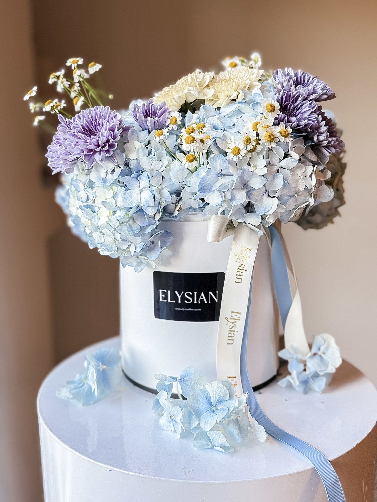 Flower box in blue - Celebrate the arrival of a new bundle of joy with our adorable flower box! Featuring lovely hydrangeas, cheerful carnations, and delicate spray roses, this arrangement is perfect for baby showers or welcoming a newborn. Bright, fresh, and charming, it’s a simple way to show your love and happiness for the little one’s new beginning. Make their day extra special with this sweet floral gift!  Disclaimer  Flower varieties and exact shades may vary based on seasonal availability. Substitutions may be made while maintaining the overall color palette, style, and value of the arrangement to ensure the freshest blooms and the highest design quality.