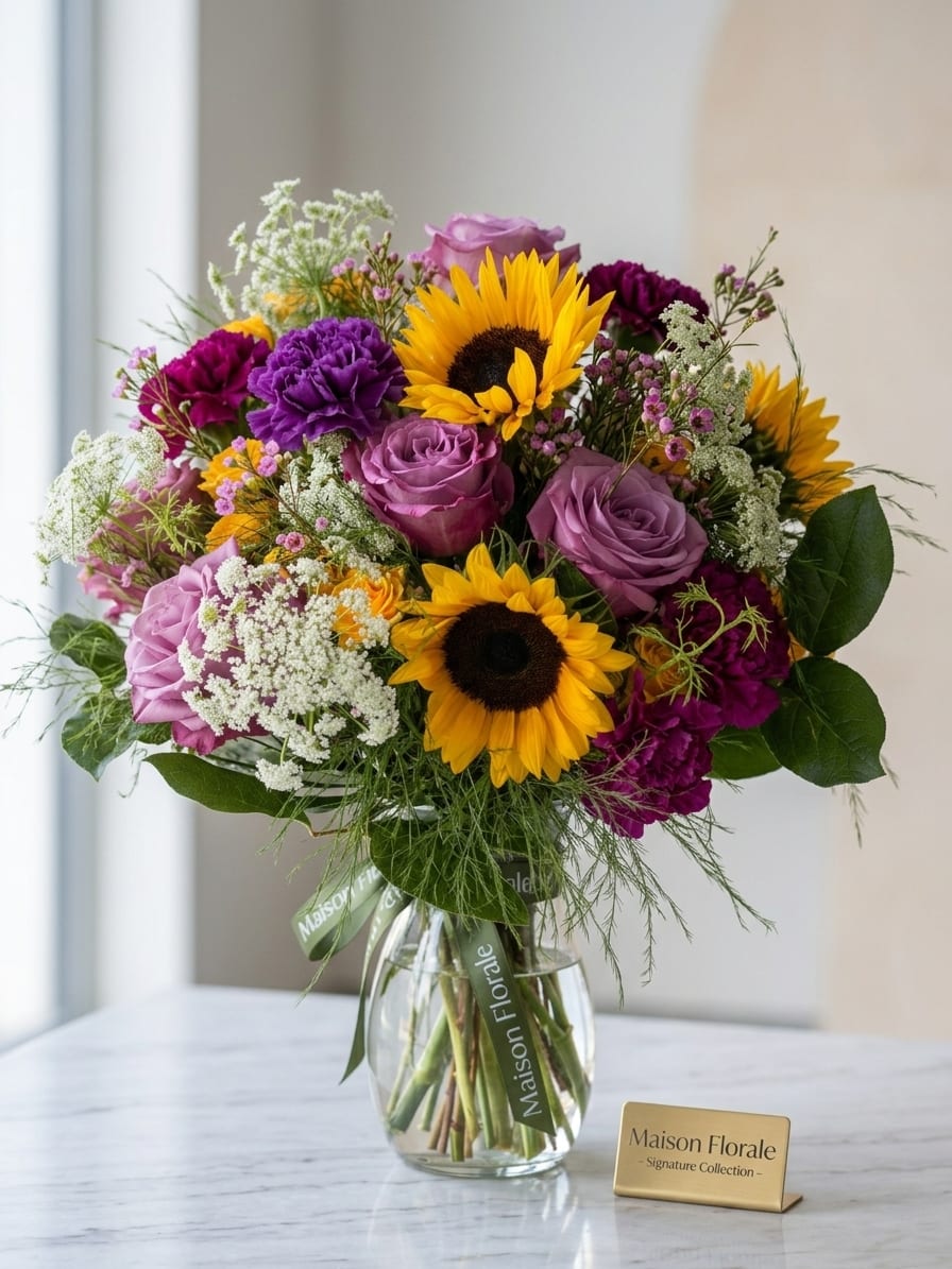Soleil Violet - Arranged by hand in a clear glass vase wrapped in our signature Maison Florale ribbon, Soleil Violet weaves together sunflowers, lavender roses, deep purple carnations, wax flower, Queen Anne's lace, asparagus fern, and lush greenery into something that feels simultaneously abundant and intentional.