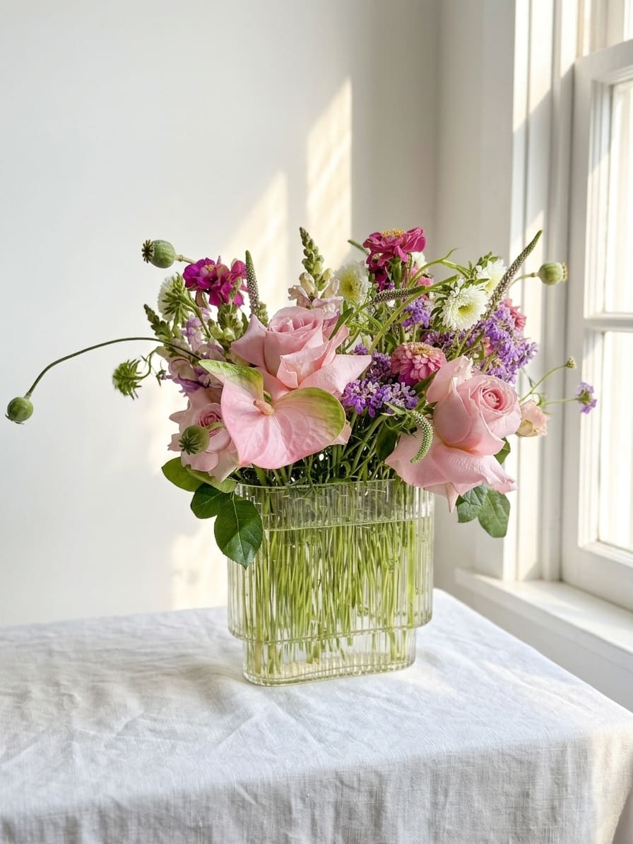 Morning Reverie - Morning Reverie is an ode to the quiet magic of a garden caught in early light — the soft blush of roses not yet fully open, the unexpected pop of fuchsia, the wild tenderness of poppy pods still wrapped in green. 