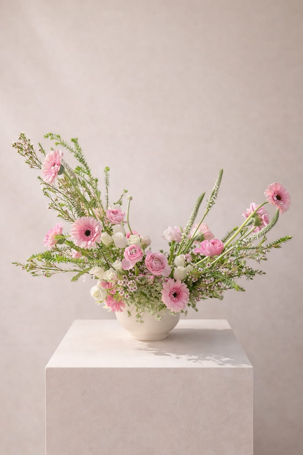 Blush Garden Waltz  - A delicate, movement-rich arrangement inspired by the softness of a blooming spring garden. Blush Garden Waltz features airy pink gerbera daisies and ranunculus layered with creamy white accents and fine, textural greenery.  Designed with a natural, asymmetrical flow, each stem reaches outward with a light, effortless rhythm—creating a sense of openness and quiet elegance. Soft blush tones are complemented by fresh greens, giving the piece a luminous, romantic quality.  Refined yet whimsical, this arrangement is perfect for brightening interiors, celebrating gentle moments, or adding a touch of graceful charm to any setting.