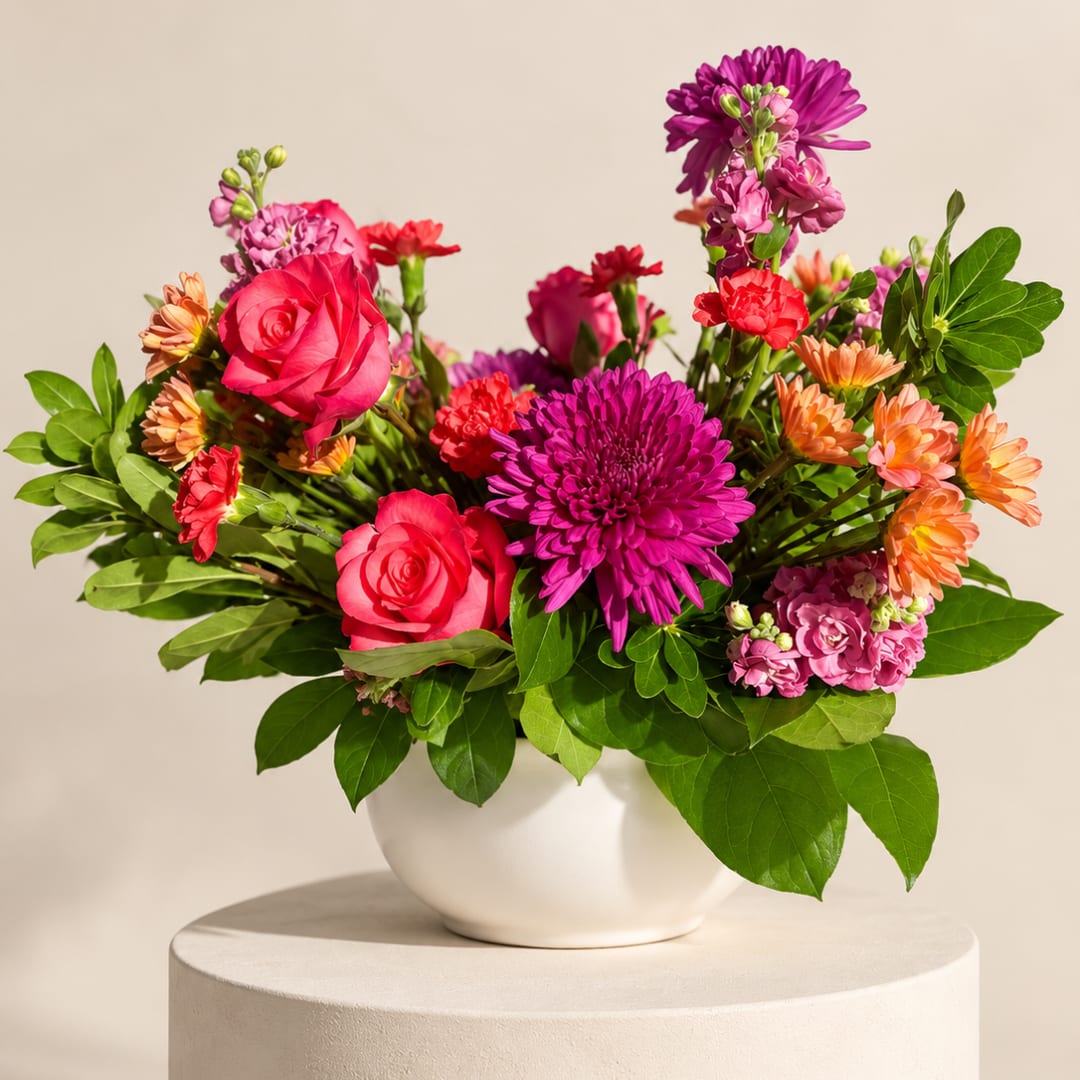 Bright mixed bouquet of pink, purple, and orange flowers in a white bowl vase