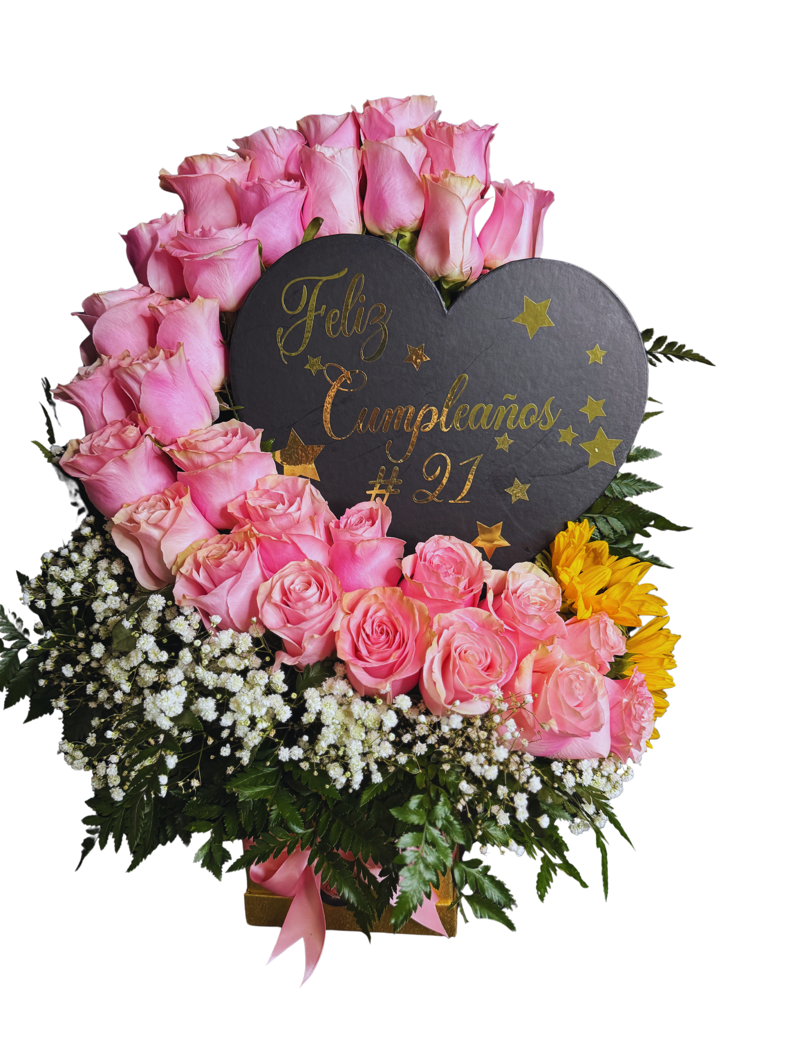 Pink Heart Birthday Luxe - A lush half‑heart of pink roses shapes a joyful birthday statement-perfect as a birthday bouquet for a milestone celebration. This birthday arrangement pairs 30 pink roses with a black heart-shaped sign that reads "Feliz Cumpleaños #21," giving the composition a festive, personalized feel that makes the recipient feel celebrated and seen. 