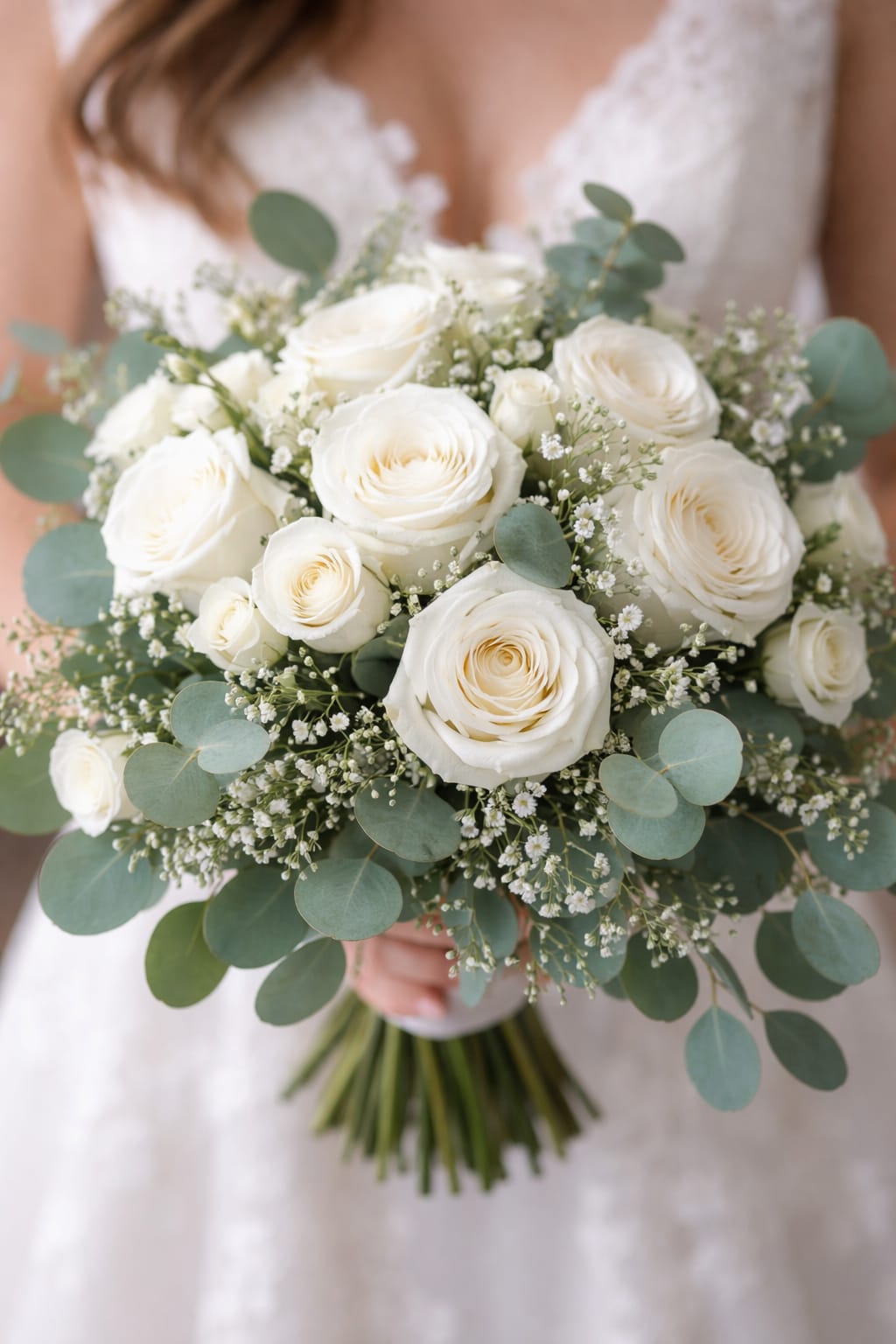 Eternal Ivory Garden Bridal Bouquet - Tightly clustered white roses form the heart of this Eternal Ivory Garden bridal bouquet, a rounded hand-tied wedding bouquet that reads as pure, elegant romance the moment your person lifts it down the aisle. The classic white bridal look is softened by pale blue-green eucalyptus and tiny white filler blooms, giving the arrangement a fresh, airy silhouette that feels both timeless and modern for weddings or formal celebrations in Miami.  Each bouquet is composed of pristine roses surrounded by eucalyptus and delicate baby's breath-style fillers, arranged compactly for a clean, refined shape that photographs beautifully. The palette stays mostly white and green, with mixed color textures from the foliage for subtle depth; the feel is soft to the touch and light in scent, ideal for a bride who wants understated sophistication. Sized as a traditional hand-tied bouquet, it's easy to carry and makes a polished statement without overpowering your look.  Made to make the recipient feel quietly celebrated and utterly seen, this arrangement is a meaningful choice for a bride, rehearsal dinner, or anniversary bouquet. Care is simple: keep stems in water until the moment of the ceremony and store in a cool spot away from direct sun; local delivery across Miami ensures your bouquet arrives fresh and ready for the vows.