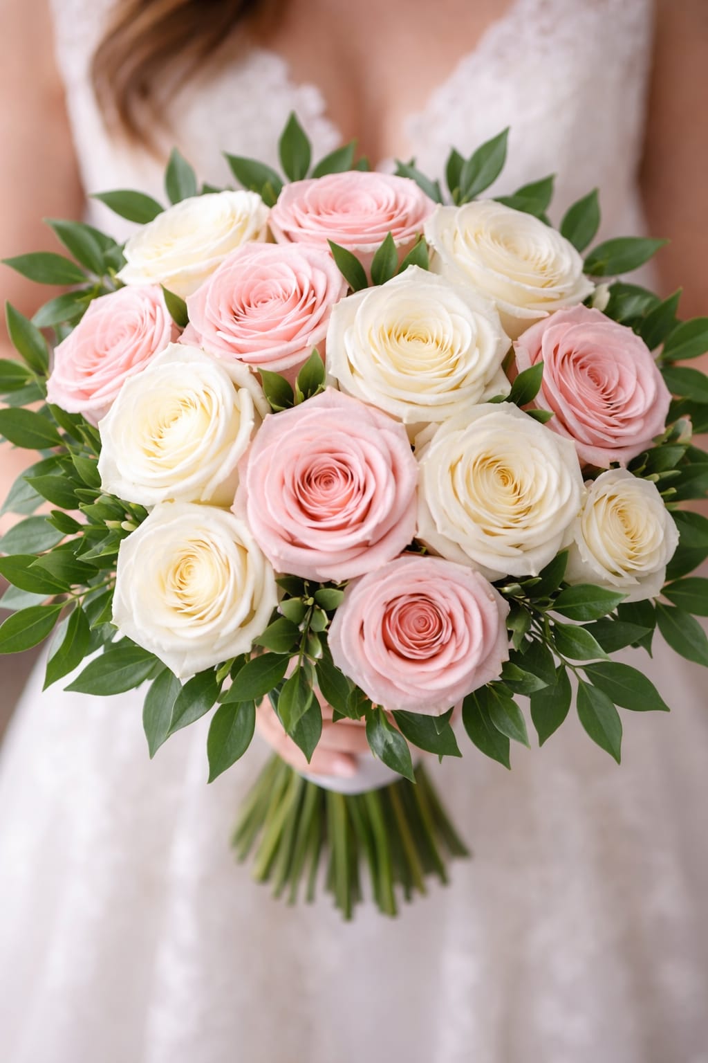 Blush Harmony Bridal Bouquet - A romantic blend of soft blush and ivory roses, elegantly arranged with lush greenery to create a balanced and timeless composition. This bouquet radiates warmth, femininity, and understated luxury—perfect for a bride seeking a delicate yet refined statement on her special day.