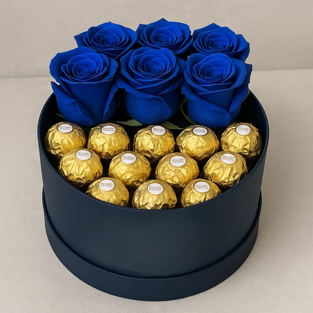Elegant Blue &amp; Gold Box  - This elegant arrangement perfectly combines luxury and sweetness in one stunning design. The deep blue roses create a bold and sophisticated look, beautifully contrasted by the rich gold-wrapped chocolates. Set in a sleek dark box, the presentation feels modern, refined, and truly eye-catching. It’s the perfect gift for special occasions, offering both visual beauty and a delicious surprise. A unique and memorable choice that will impress anyone who receives it.