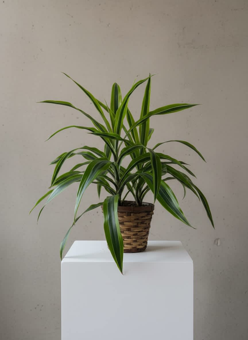 Potted green houseplant in a woven basket planter