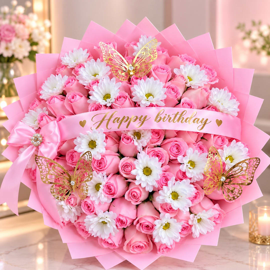 Pink rose bouquet with white daisies and a birthday ribbon