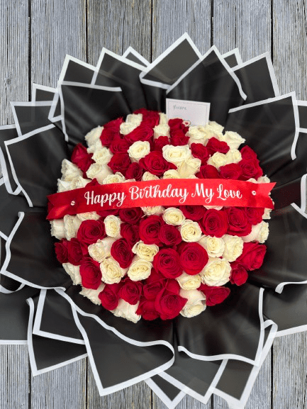 Classic White and Red Bouquet - 100 White &amp; Red Roses - does NOT include ribbon