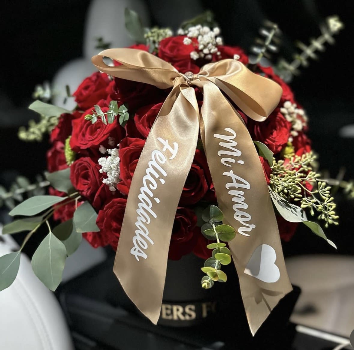 Boxed Rose and Eucalyptus Arrangement - Beautifully arranged roses with seeded eucalyptus as a boxed arrangement 