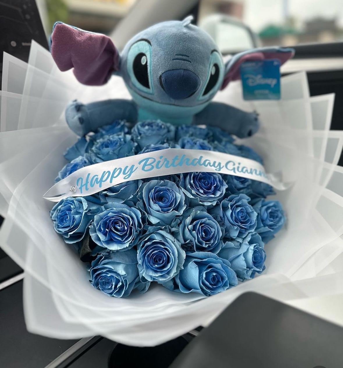 Lovely Stitch  - 50 Baby Blue Tinted Roses with personalized ribbon and Stitch Plushy