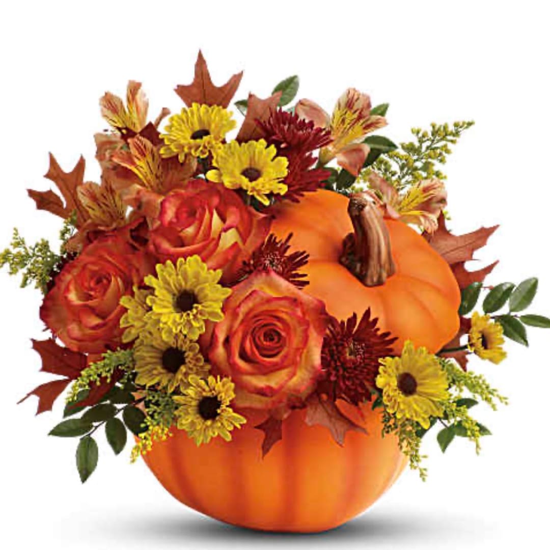 Pumpkin-shaped arrangement with orange roses and yellow daisies