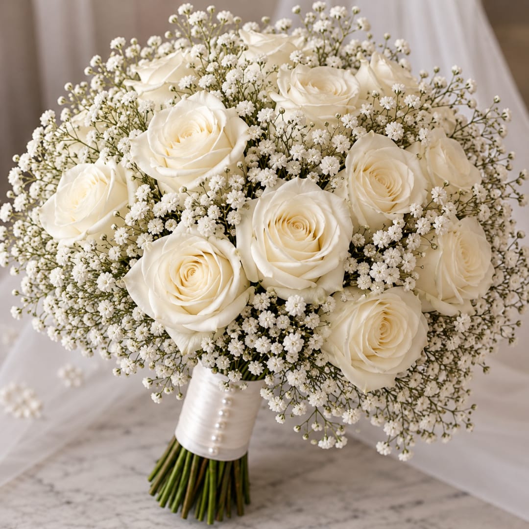 White rose bouquet with baby's breath and satin-wrapped stems