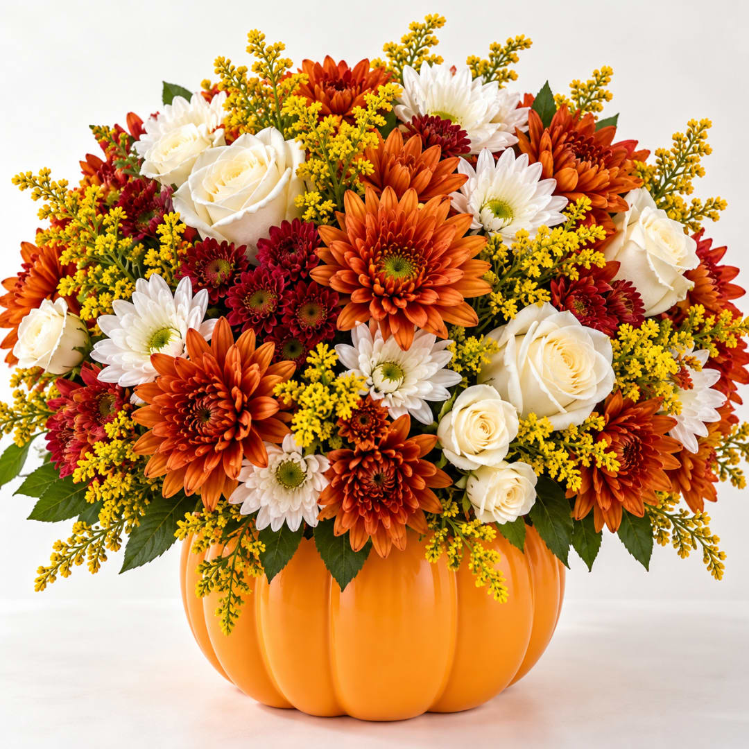 Orange pumpkin vase filled with white roses, orange and white mums, and yellow filler flowers