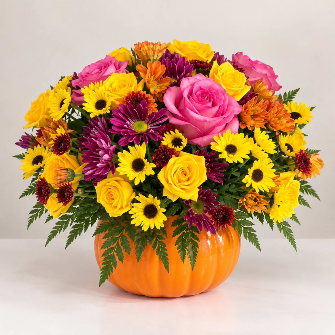 Mixed bouquet in an orange pumpkin container with pink and yellow flowers