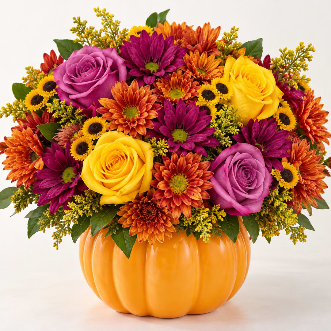 Mixed bouquet in a pumpkin-shaped orange container with roses and daisies