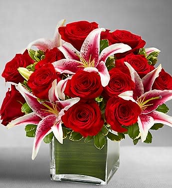 Lush Love  - Roses and lilies in a modern twist on the classic roses and lily combo 
