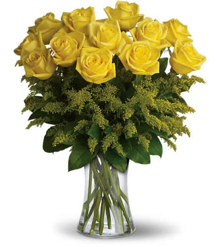Sunshine Roses  - Yellow roses symbolize friendship and sending this sunny bouquet of bright yellow flowers is such a beautiful way to celebrate a special bond. Destined to make anyone's day glow these roses are brilliant! Glowing yellow roses and solidago mixed with greens are delivered in a clear glass gathering vase. Sunny skies ahead!Approximately 16" W x 20" H Orientation: All-Around As Shown : T70-1ADeluxe : T70-1BPremium : T70-1C