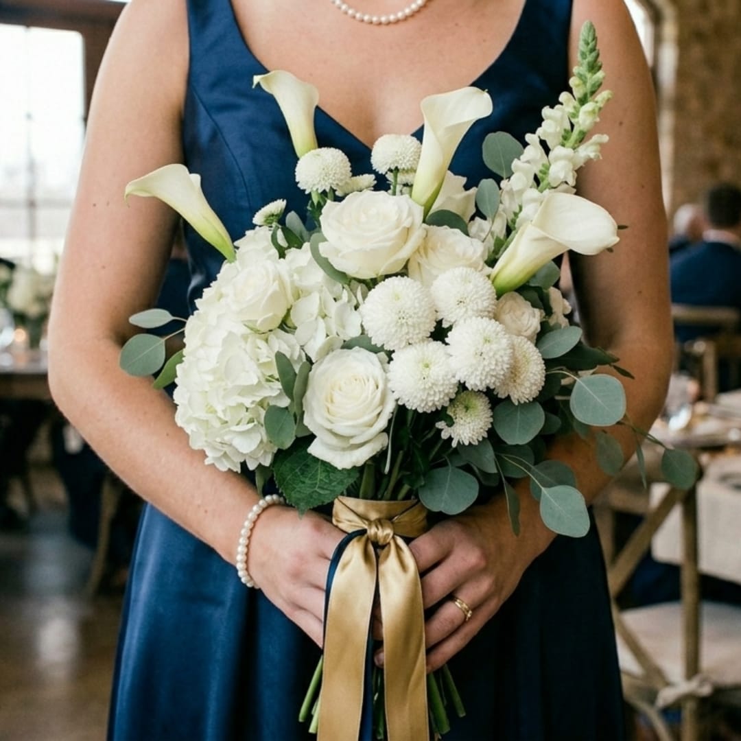 Bridal bouquet of white roses, calla lilies, and pom-pom flowers